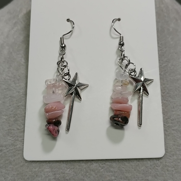 Wand Earrings Natural Gemstone Rose Quartz Rhodonite Pink Opal Crystal Chip Bead - Picture 5 of 10